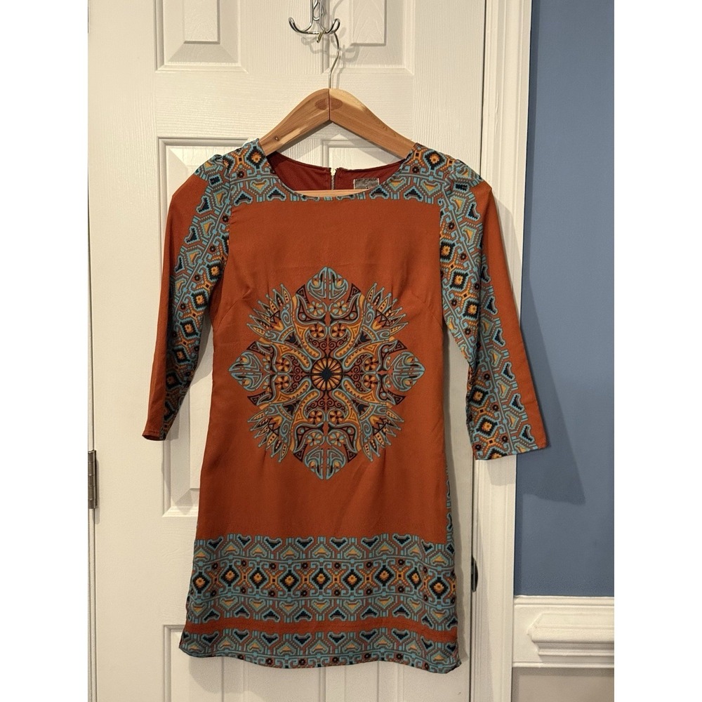 Moon Collection Rust Geometric Print Shift Dress S Retro Artsy‎ Spring